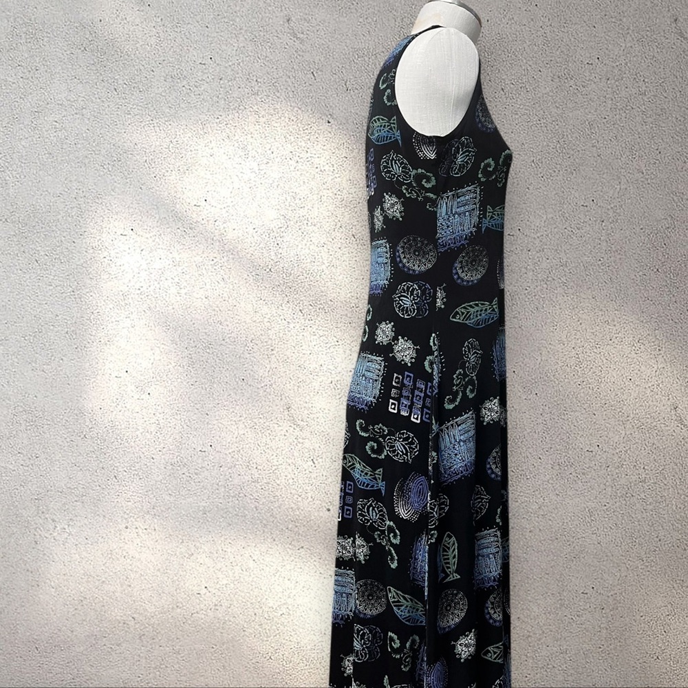 Vintage 90s Black Printed Tank Midi Dress Slinky Lightweight Resortwear - Picture 3 of 5